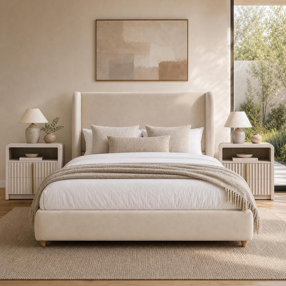 ModernMate Queen Upholstered Bed Frame, 47" Tall Wingback Headboard, Beige