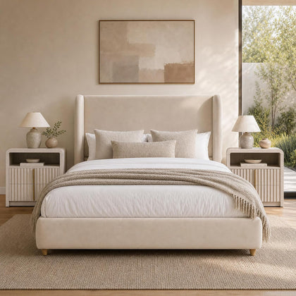 ModernMate Queen Upholstered Bed Frame, 47" Tall Wingback Headboard, Beige