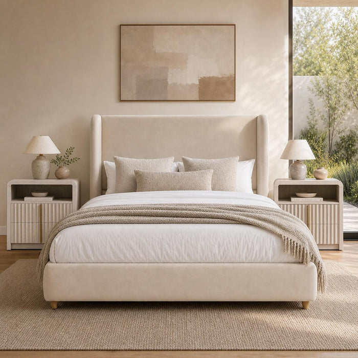 ModernMate Queen Upholstered Bed Frame, 47" Tall Wingback Headboard, Beige
