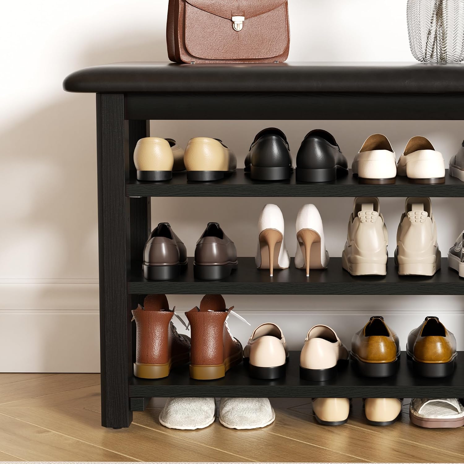 Shoe Rack Bench with Leather Cushion 3-Tier Shoe Rack Organizer for Entryway Hallway or Living Room Farmhouse Rustic Wooden Seat Bench Black 11.8" Dx23.6 Wx20.4 H