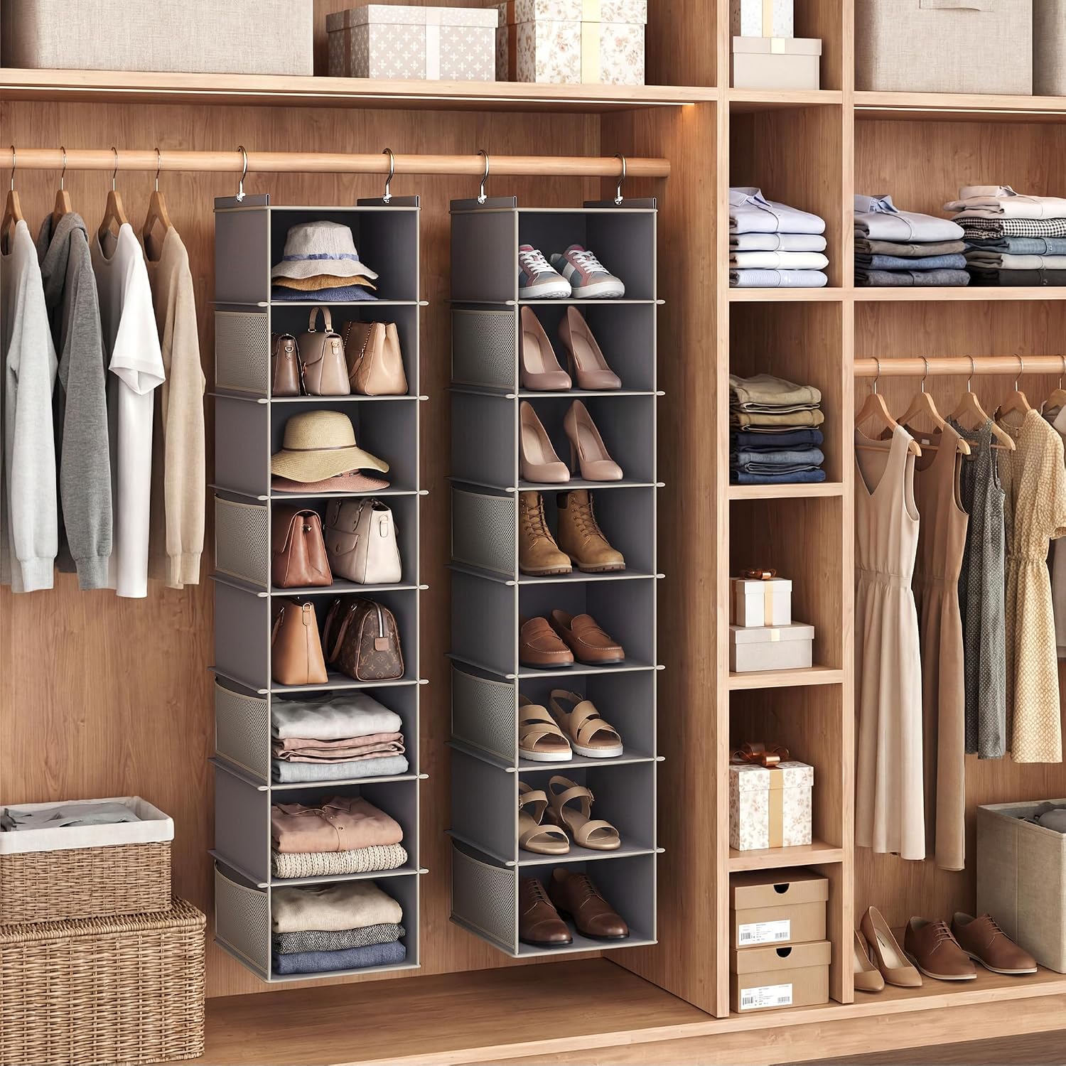 YOUDENOVA Upgraded Hanging Shoe Organizer for Closet, 8-Shelf, Grey | Extra Wide Design, 8 Side Pockets, Hanging Shoe Rack Hanger, Dorm Storage, Perfect for Storing Shoes, Hats, Clothes, Jeans