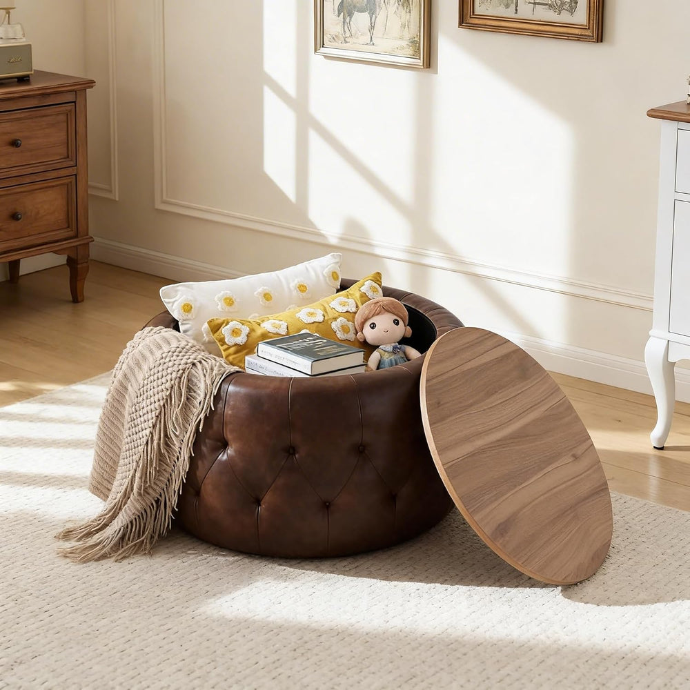 YDcosyfy 25 Inches Large Round Storage Ottoman, Modern Upholstered Ottoman Co...
