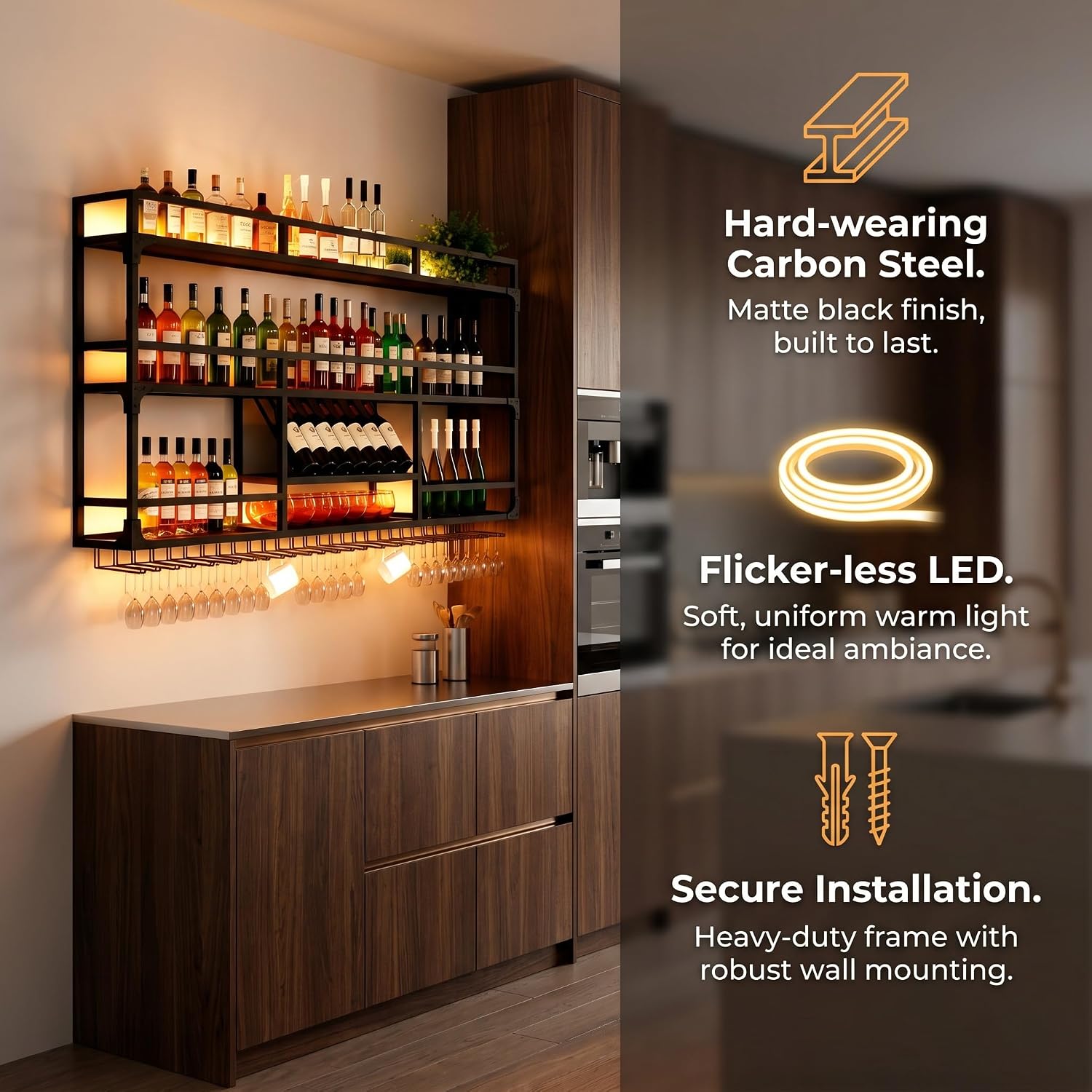 Wall Mounted Wine Rack with LED Lights, 4-Tier Metal Liquor Display Shelf with Wine Glass Holder, Industrial Bar Storage for Home Kitchen (Black, 59in)