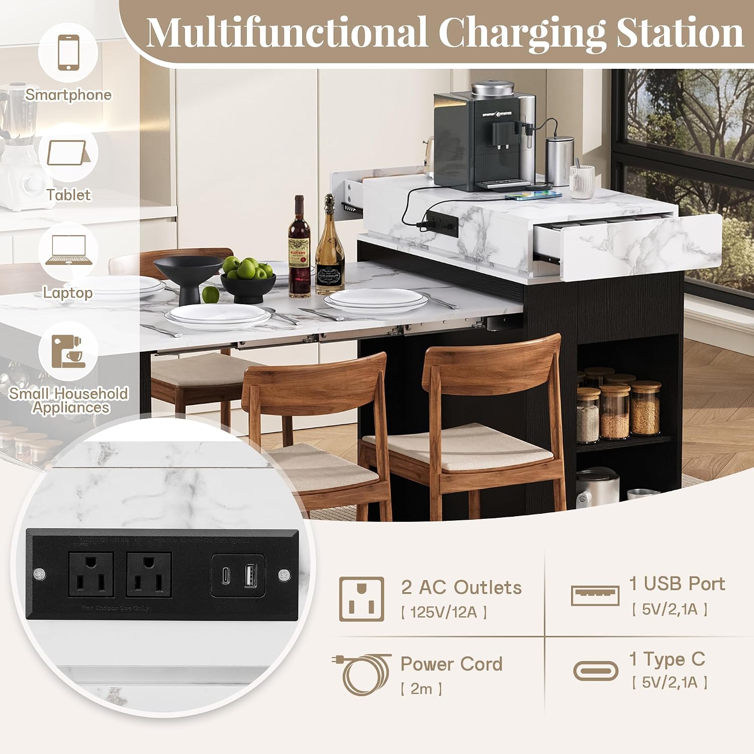 Quarte Kitchen Island with Extendable Table & Power Outlet Black | Kitchen island with extendable table,power outlet,2 drawers,storage cabinet,hooks,rolling wheels,bar table White Marble
