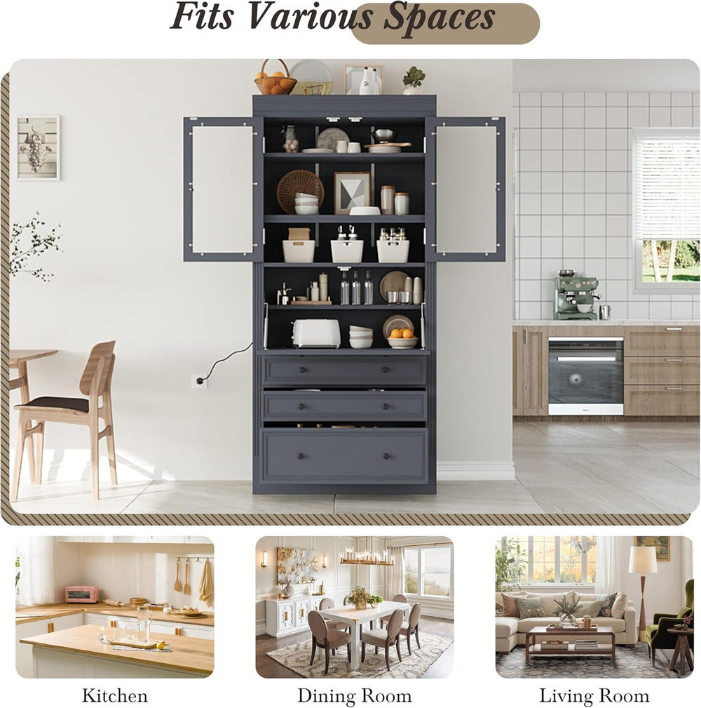 78" Tall Kitchen Pantry Cabinet with 3 Drawers, Large Wooden Kitchen Org...