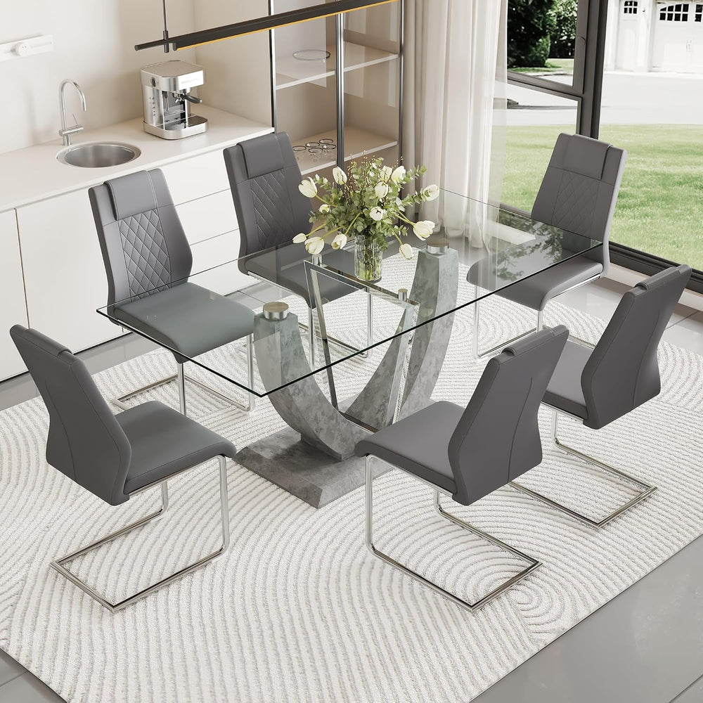 Glass Dining Table Set for 6, 7 PCS Kitchen Table Set with 6 Chairs,71" ...