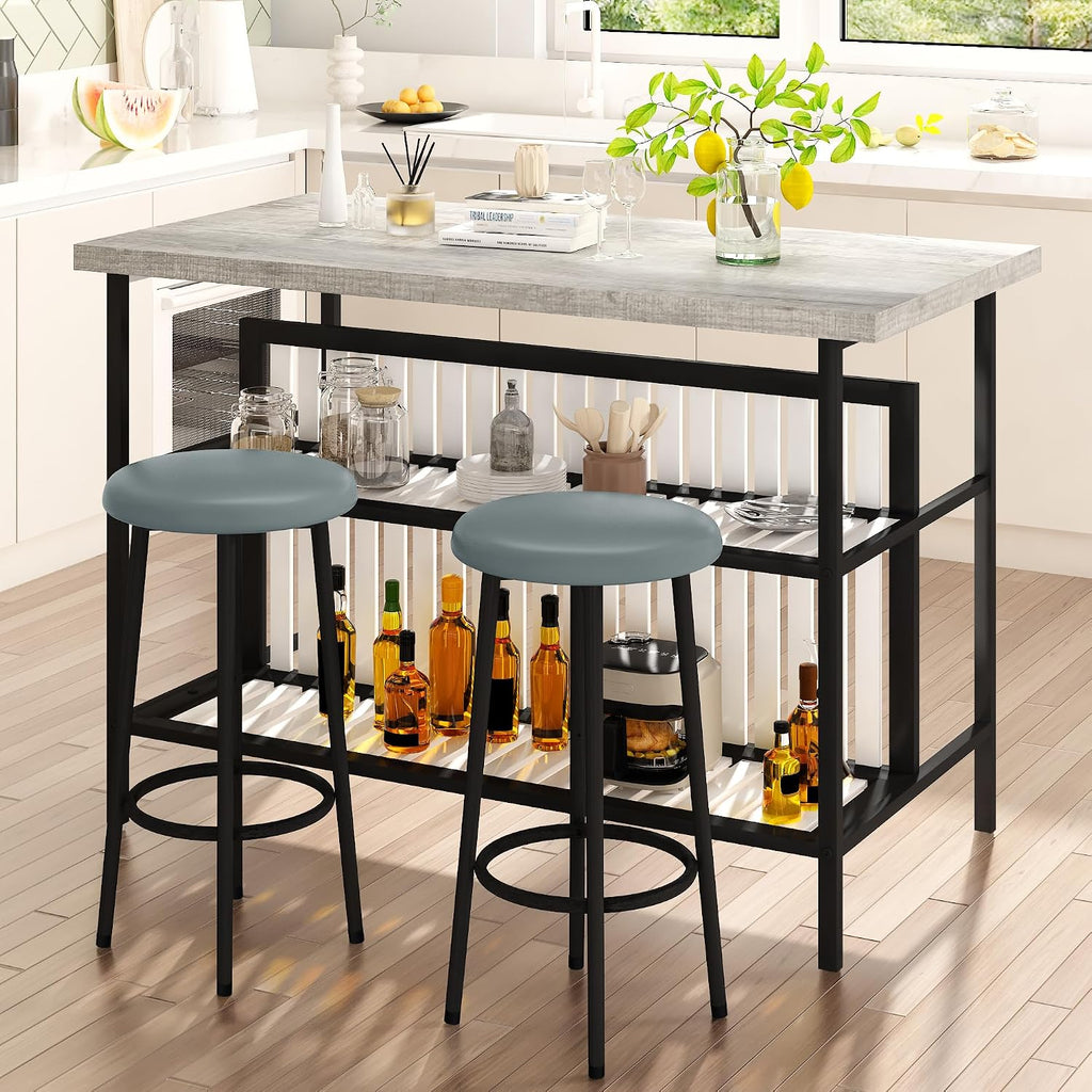 AWQM Kitchen Island with Seating & Storage, Bar Table and Chair Set, Grey | Modern Bar Table and Chairs Set for 2, Faux Marble Island Table, with 2 Chair, For Small Space, Apartment, Home Bar