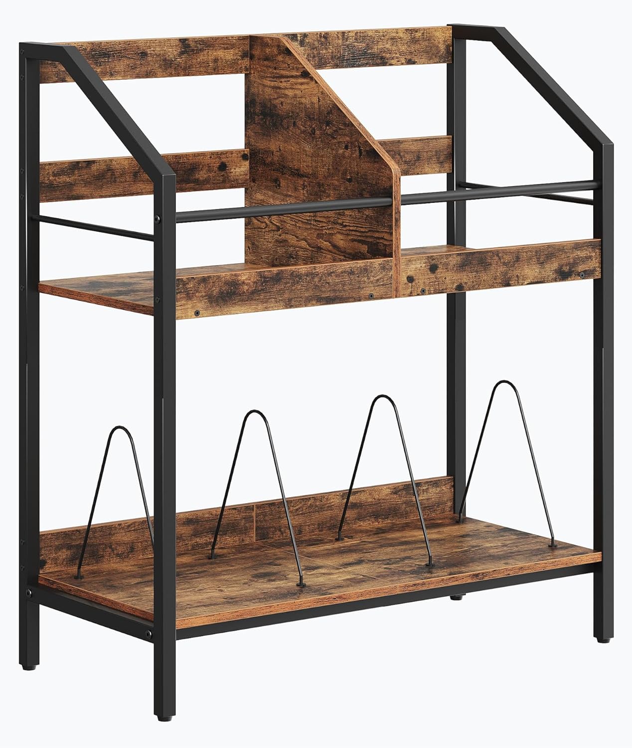 CHOEZON 2-Tier Vinyl Record Storage Holder Rack, 250 LP Albums Display Shelf, Wooden Vinyl Storage Rack with Wire Dividers for Records, CDs, Books, Rustic Brown and Black TCW07BF