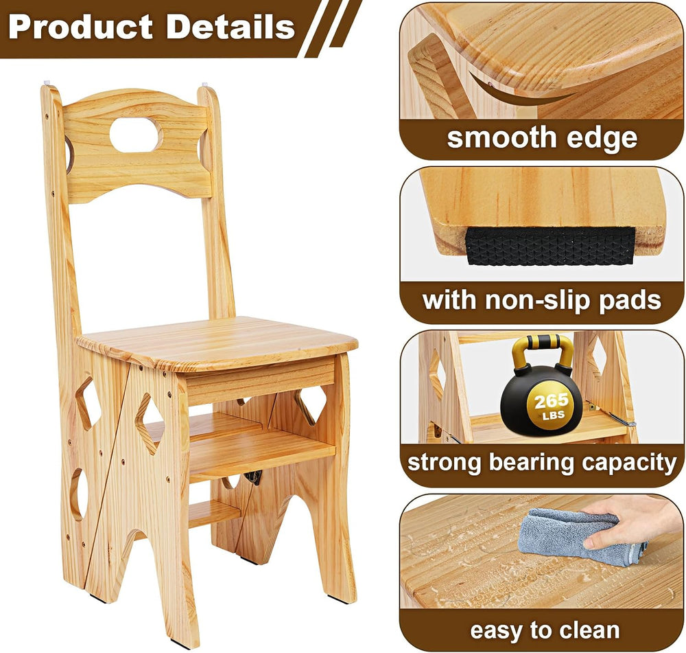 4 Step Foot Stool Chair 3 in 1 Wooden Library Ladder Solid Folding Portable W...