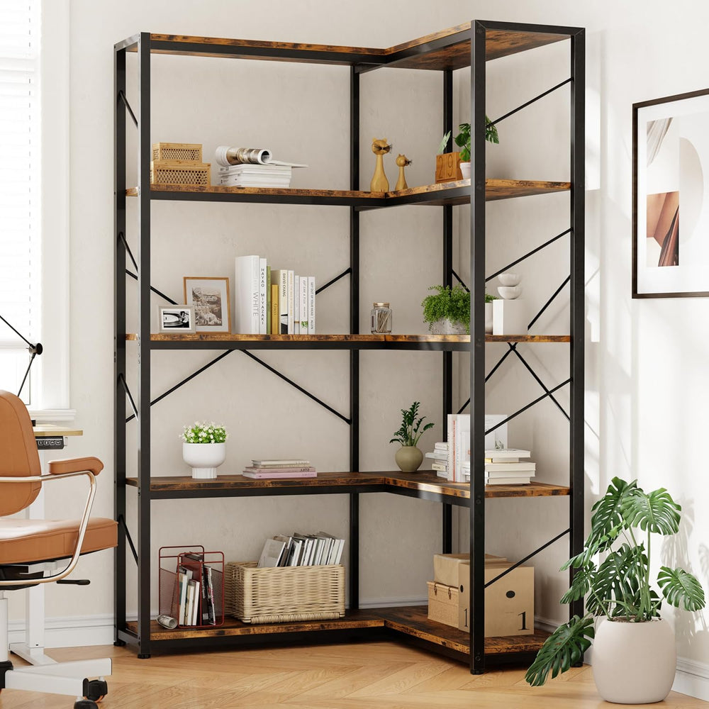 Shintenchi 5 Tier Corner Bookshelf, L Shaped Large Bookcase, Rustic Brown