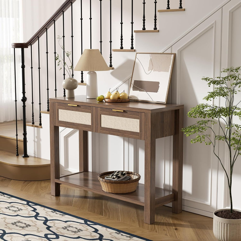 Boho Chic Console Table with 2 Rattan Drawers and Open Shelf Storage, Narrow ...