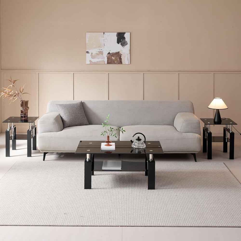 Glass Coffee Table Sets of 3 for Living Room, Mordern End Table Sofa Side Tab...
