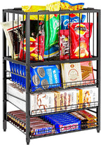 Candy Display Rack, 4 Tier Snack Organizer for Countertop, Potato Chip Bag Holder with Elastic Rope Frame, Snack Bar Station, Retail Display Shelf for Store, Pantry, Office (Black)