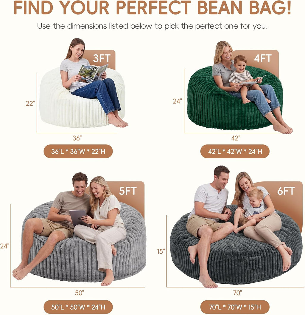 Bean Bag Chair Giant Beanbag with Filling Memory Foam Living Room Adult 5FT | Breathable Big Giant Oversized Beanbag Bed Washable Cover Green Grey White