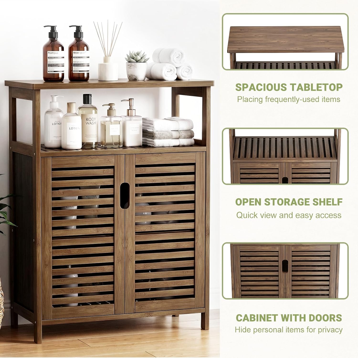 Bamboo Freestanding Bathroom Floor Storage Cabinet with Doors & Shelf | Versatile Cabinet for Living Room Entryway Hallway, Spacious Storage, FSC-certified Bamboo, Easy Assembly, Walnut