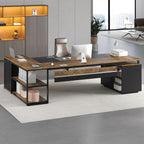 78" Executive Desk with Lockable File Cabinet, L Shaped Office Desk with Power Outlets, Large Executive Desk with Drawers and Storage Shelves, Reversible Computer Desk, Rustic Brown