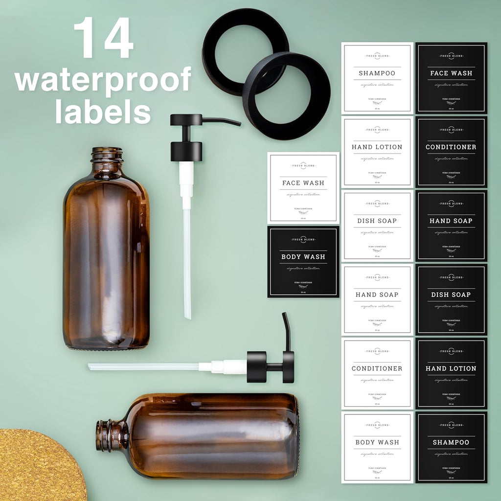 Vine Creations Amber Glass Soap Dispenser Set - Kitchen Soap Dispenser Set with Stainless Steel Pump - 16 oz Dish Soap and Hand Soap Dispensers for Bathroom with Silicone Pad & Waterproof Labels