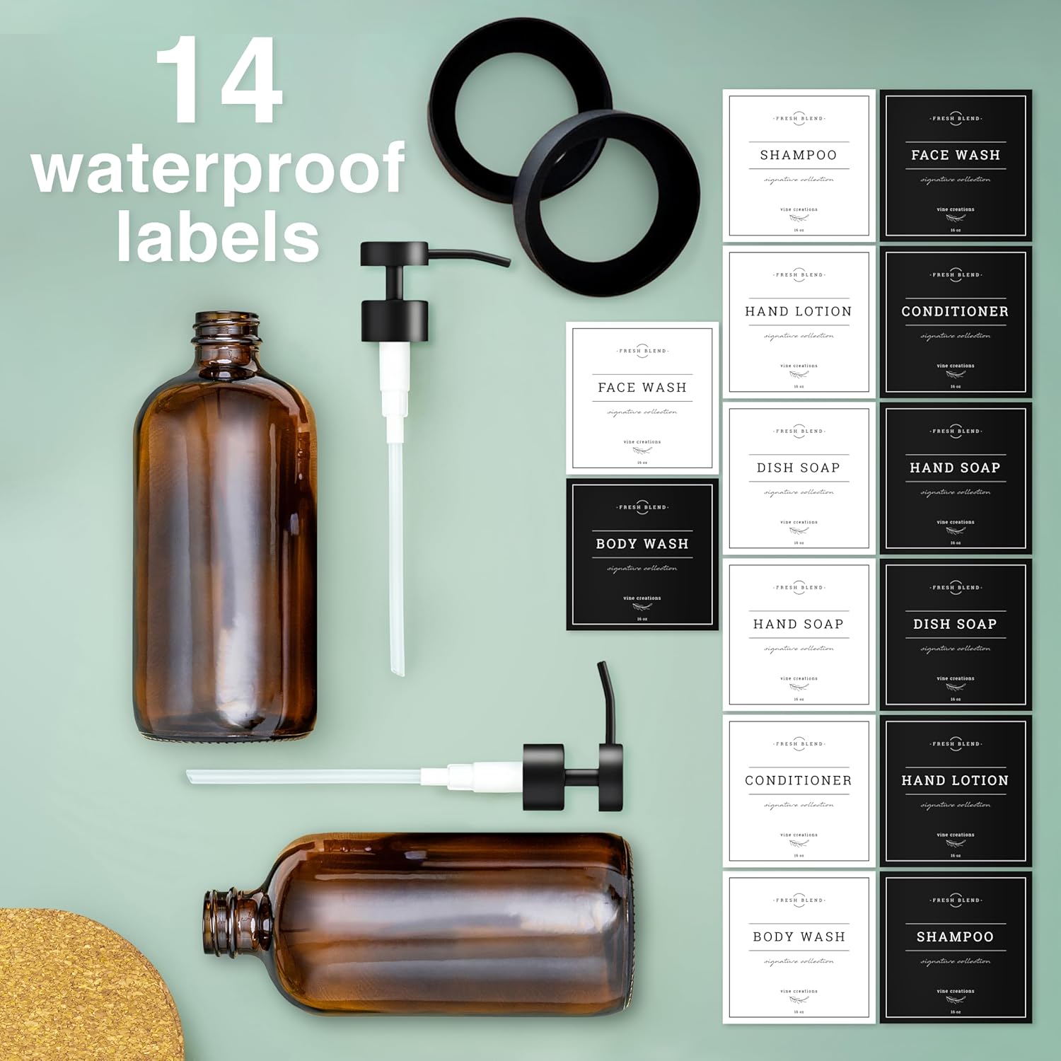 Vine Creations Amber Glass Soap Dispenser Set - Kitchen Soap Dispenser Set with Stainless Steel Pump - 16 oz Dish Soap and Hand Soap Dispensers for Bathroom with Silicone Pad & Waterproof Labels