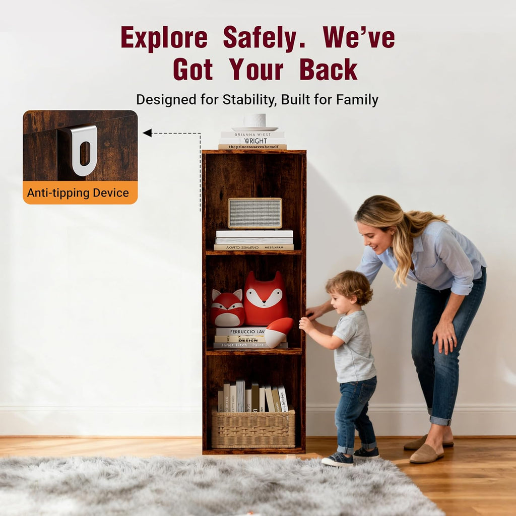 Book Shelf, Wooden Cube Storage Organizer with 11" Open Cubes, Stackable Bookcase for Room Divider Storage, 3 Tier Bookshelf for Living Room, Bedroom, Office (Indonesian Antique Oak, 3-Cube)