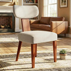 Dining Chairs, Mid-Century Modern Upholstered Kitchen Chairs with Curved Backrest and Linen Fabric Seat, Wood Leg Accent Chairs for Dining Room, Living Room, Bedroom, Linen Beige