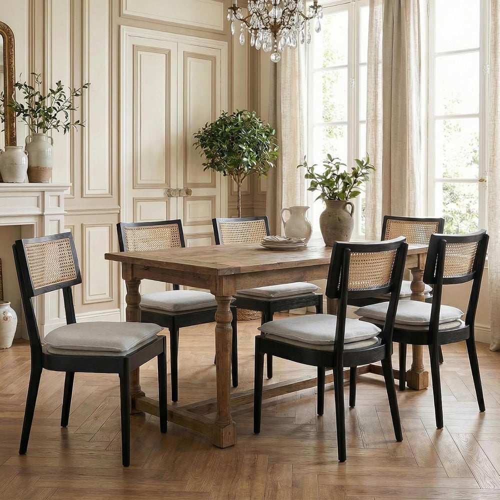 Rattan Dining Chairs Set of 2, Linen Upholstered Kitchen Chairs