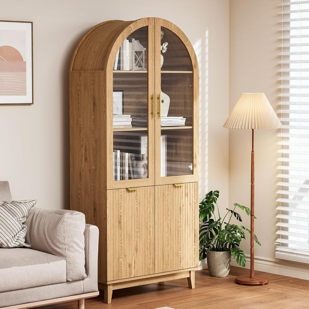 Pamapic 71" Tall Arched Cabinet, Fluted Kitchen Pantry with Glass Doors ...
