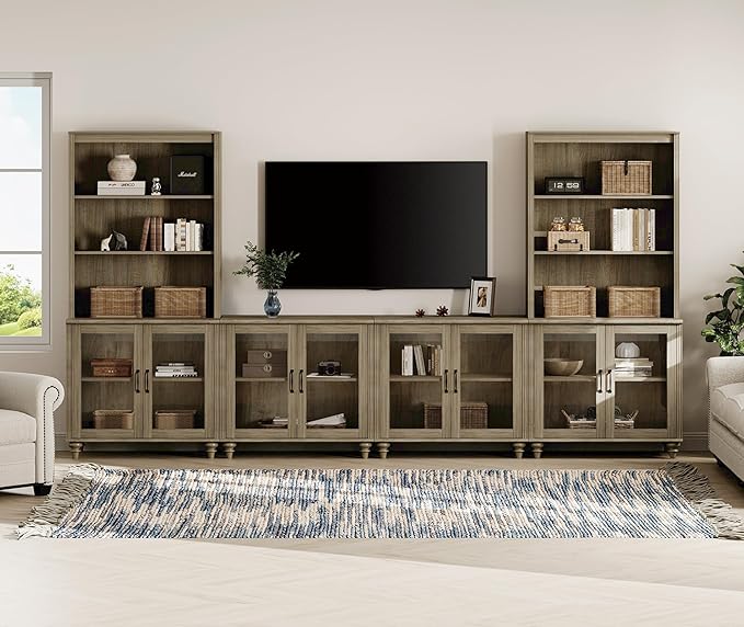 WAMPAT Entertainment Center with Bookshelves for TVs up to 75", Farmhouse Wall Unit TV Stand with Glass Doors, Media Console Table for Living Room, Bedroom & Home Theater, Wash Grey