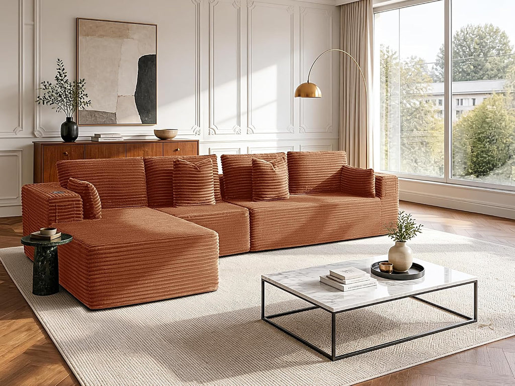 138" Oversized Boneless Couch for Living Room, Modular Sectional Couches L Shaped Cloud Couch with Deep Seat No Assembly Required, (Deep Orange, 3 Seater + Left Facing Chaise)