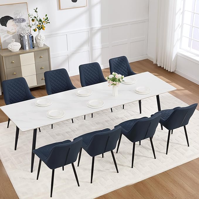 Dining Chair Set of 8, Modern Dining Chairs with Thick Cushions, Faux Leather Upholstered Kitchen Dining Room Chairs with Metal Adjustable Legs for Dining Living Room, Blue