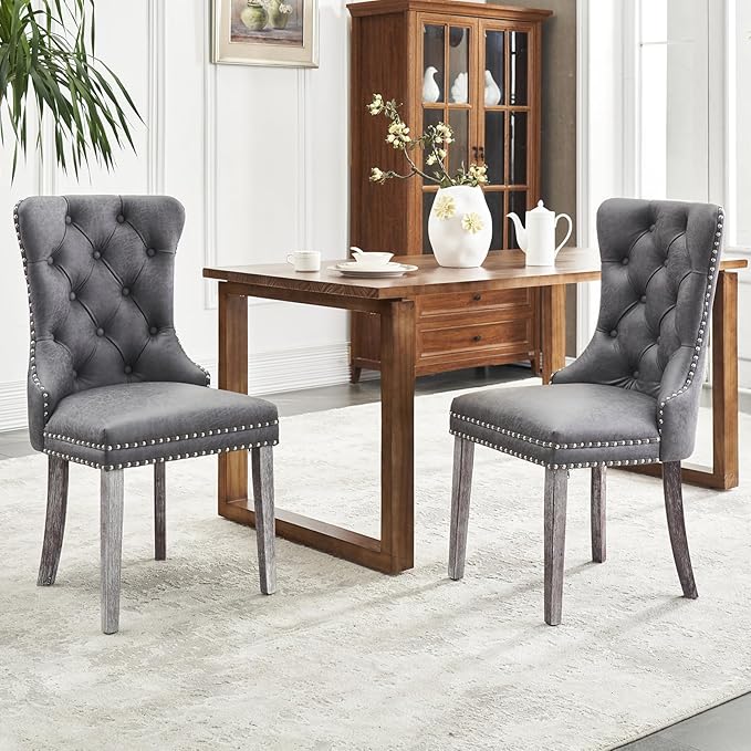 Kiztir Leather Dining Chairs Set of 2, Upholstered Dining Chair with Nailhead Trim and Solid Wood Legs, Luxury Wingback Dining Side Chair for Living Room, Bedroom, Kitchen (Grey)