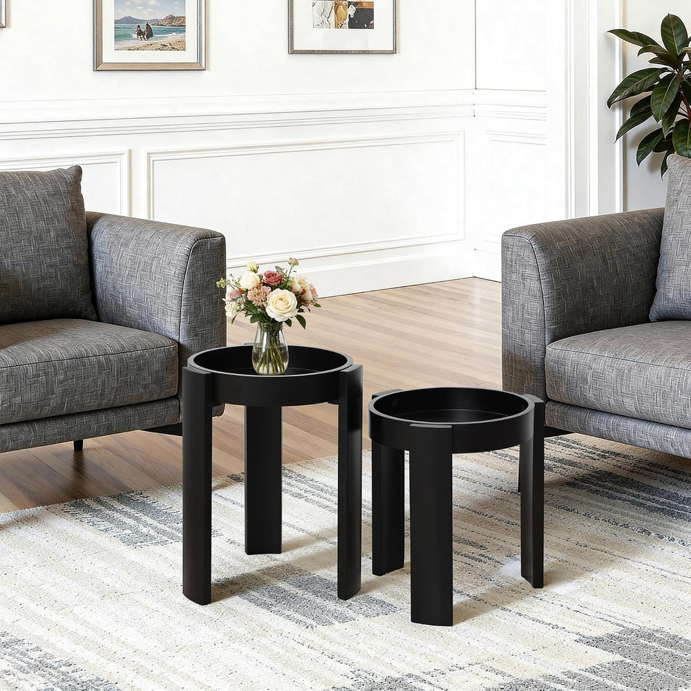 LuxenHome Set of 2 Black Nesting Tables, Space Saving Modern Round Side Table...