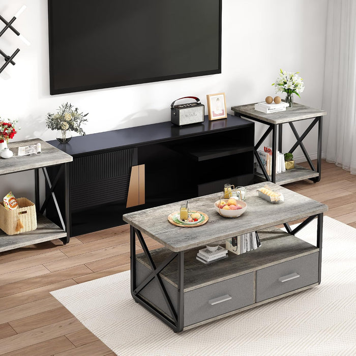 DKLGG 3 Piece Coffee Table Set for Living Room with Fabric Drawers and Storage Shelves, Rustic Wood and Metal Frame, Industrial Farmhouse Table with 2 End Tables for Small Spaces, Apartment, Grey