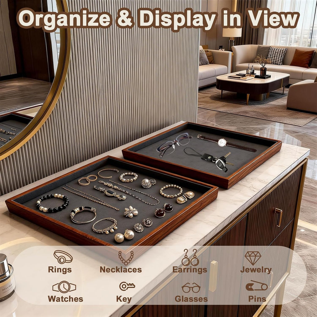 Large Solid Wood Jewelry Watch Tray, Velvet Jewelry Board Display Trays for Key Wallet Ring，Stackable Wooden Jewelry Drawer Organizer Showcase Jewelry Holder(Grey)