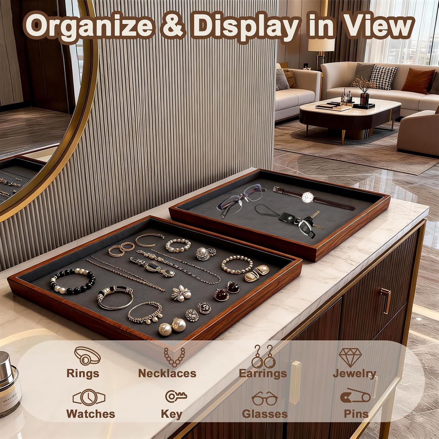 Large Solid Wood Jewelry Watch Tray, Velvet Jewelry Board Display Trays for Key Wallet Ring，Stackable Wooden Jewelry Drawer Organizer Showcase Jewelry Holder(Grey)