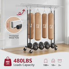 Tajsoon Double Rod Clothes Rack Load 480 LBS, Heavy Duty Rolling Garment Rack with Wheels, Collapsible Clothing Rack for Hanging Clothes, Commercial Adjustable Clothes Rack with Shelf, Black