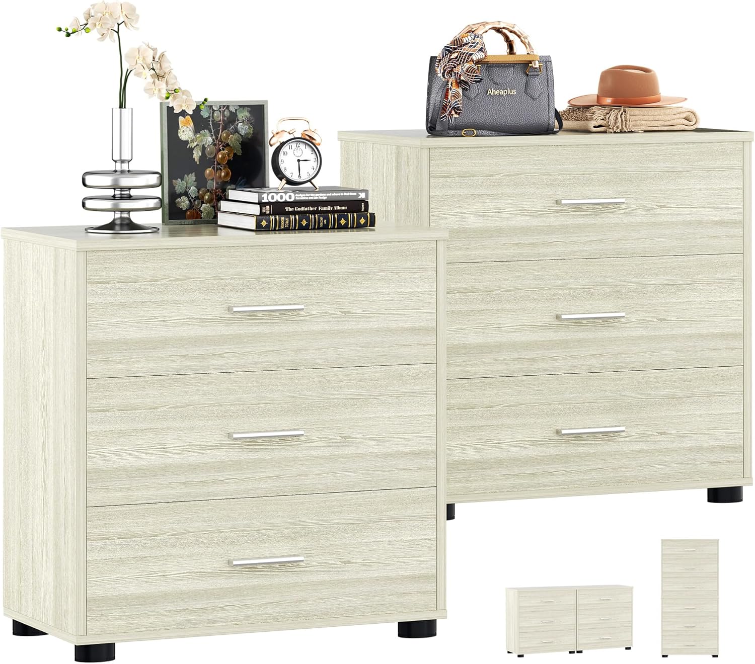 Aheaplus Closet Drawers Set of 2, Wood Closet Organizers and Storage with 3 Drawers, Closet Drawers Organizer System, Nightstands Bedside End Table with 3 Drawers Storage for Bedroom, White Oak