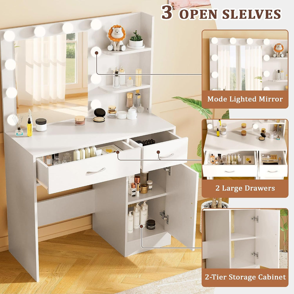 LIVELYGLOW 35.4" White Makeup Vanity Desk with 10 Hollywood Light Bulbs ...