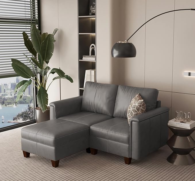SITJOY 65" Faux Leather Modular Sectional Sofa with Storage, Mid Century Modern Sectional Couches for Living Room, Soft Padded Armrests, 2 Seater L-Shaped Loveseat with Ottoman, Gray