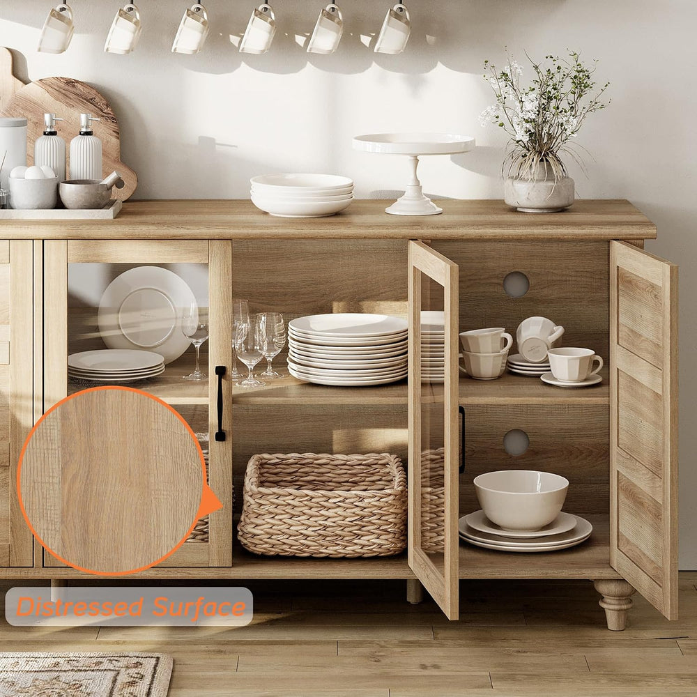 WAMPAT Farmhouse Sideboard Buffet Cabinet with Glass Door & Adjustable Sh...