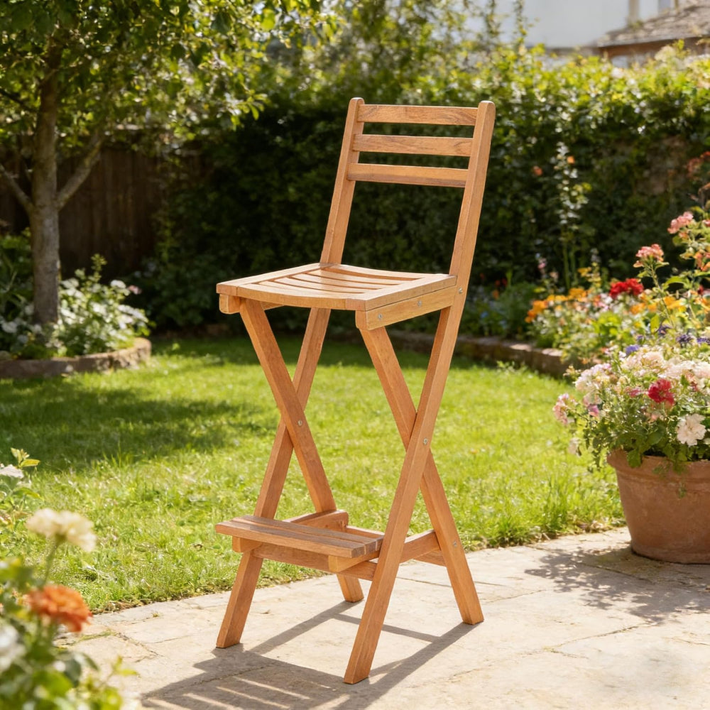 COSTWAY Outdoor Folding Bar Stool, Acacia Wood High Top Chairs with Slatted B...