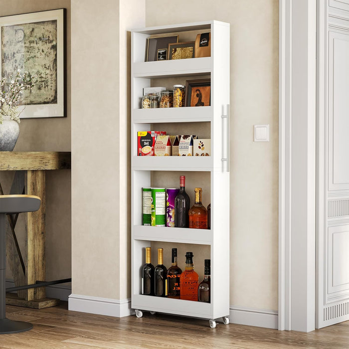 LITTLE TREE 63-Inch Slim Storage Cart on Wheels, 5-Tier Tall Narrow Mobile Shelf Organizer, Rolling Utility Cart with Metal Handle for Kitchen, Dining Room, Small Spaces, White