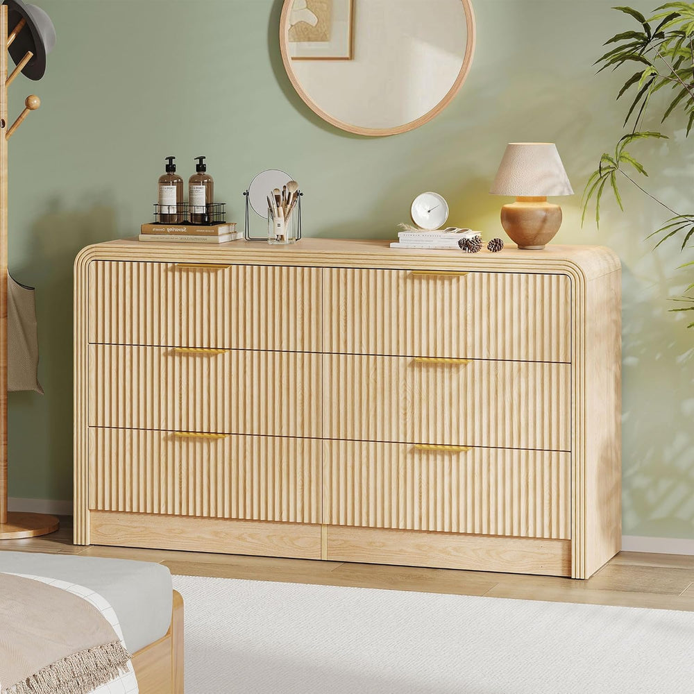 Decofy 55" W Fluted 6-Drawer Dresser for Bedroom,Natural Oak