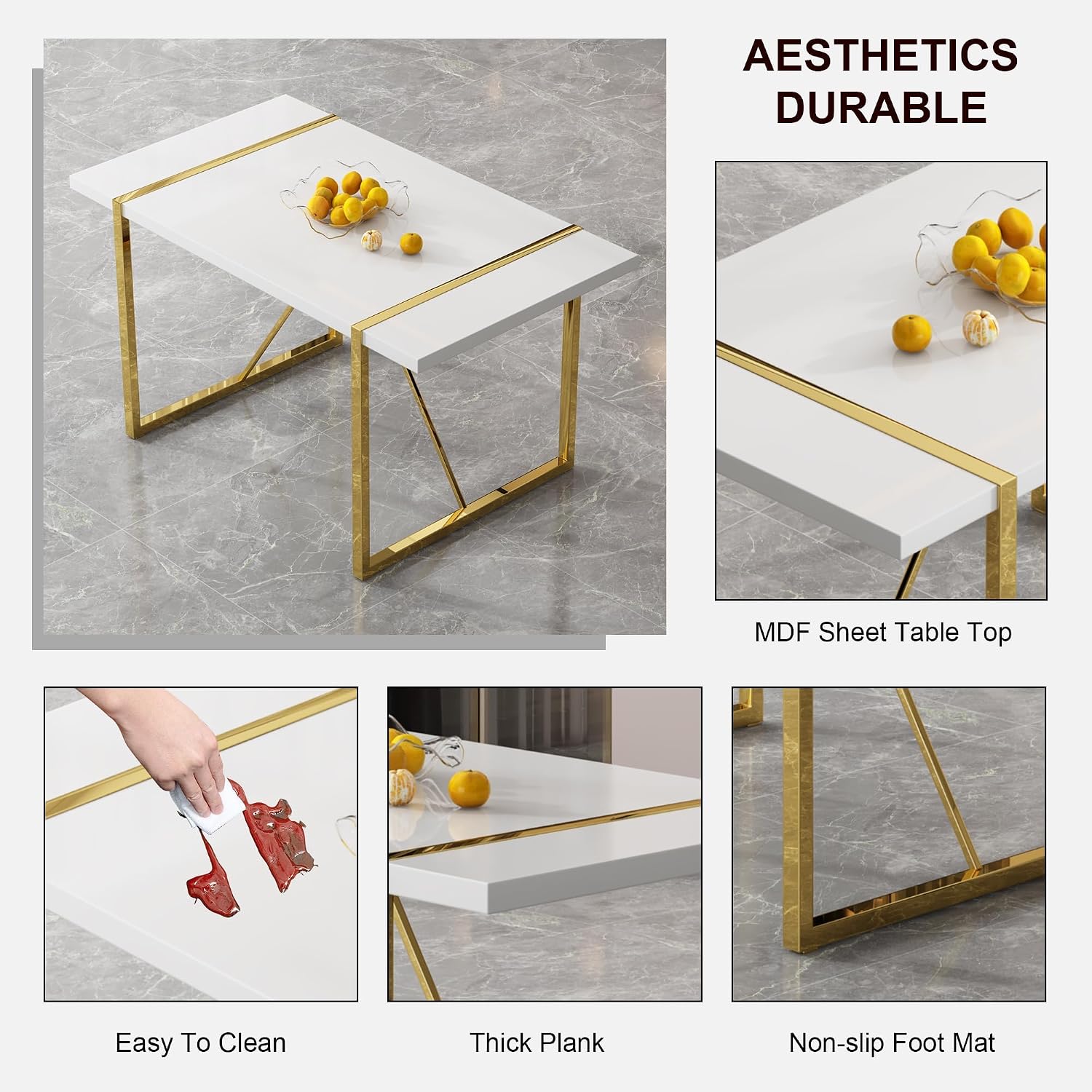 gopop Dining Table Set for 6, Kitchen Table Chairs Set of 6, 55" White High-Gloss Lacquered Tabletop & Electroplated Metal Frame, Modern Kitchen Tables with 6 Chairs for Dining Room