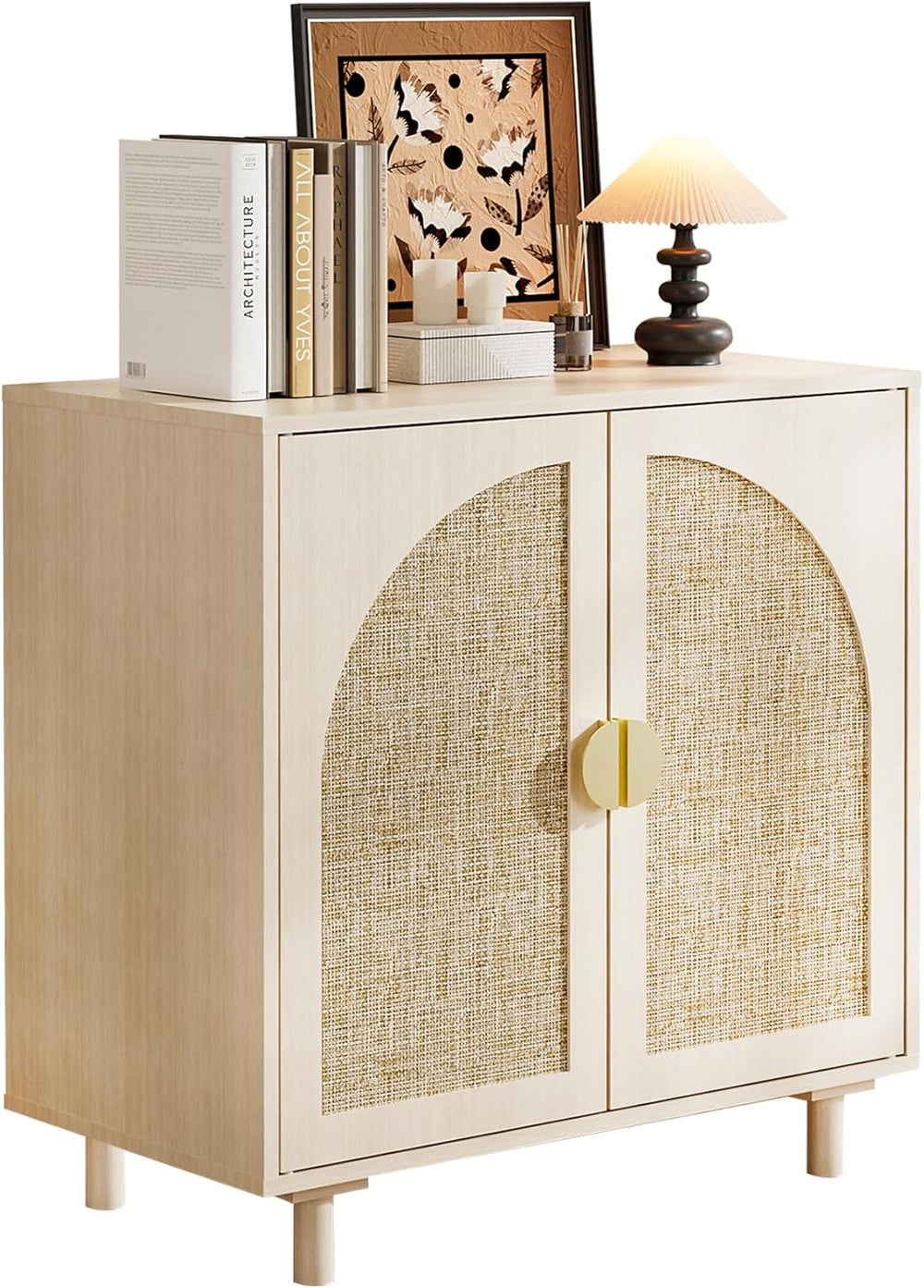 Rattan Cabinet, Storage Sideboard with 2 Doors, Beige Boho Buffet with Adjust...