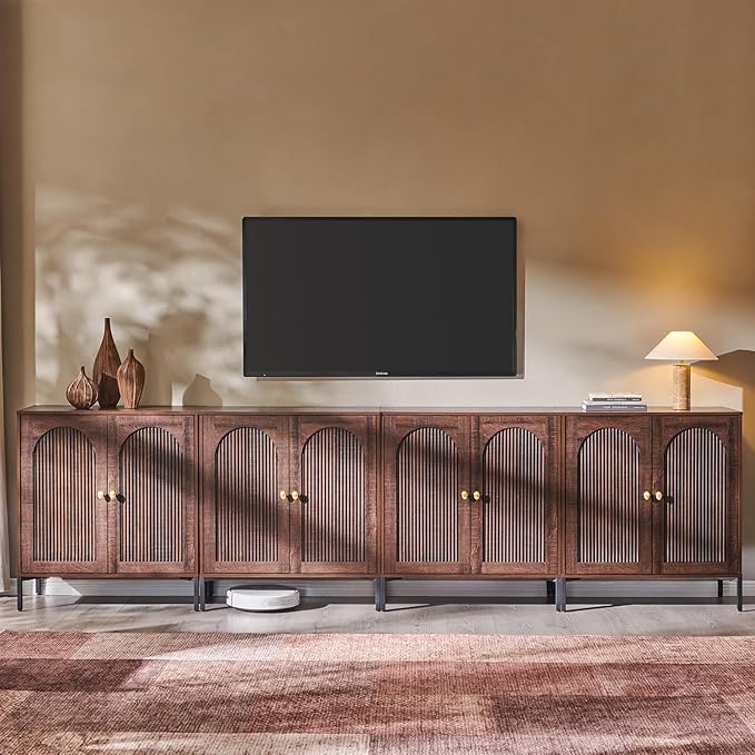Modern TV Stands for 85 Inch TVs, 123.5‬"W Wood Entertainment Center w/Adjustable Shelves, Mid Century Modern TV Stand w/Arched Fluted Doors, Media Console Cabinet for Living Room, Brown