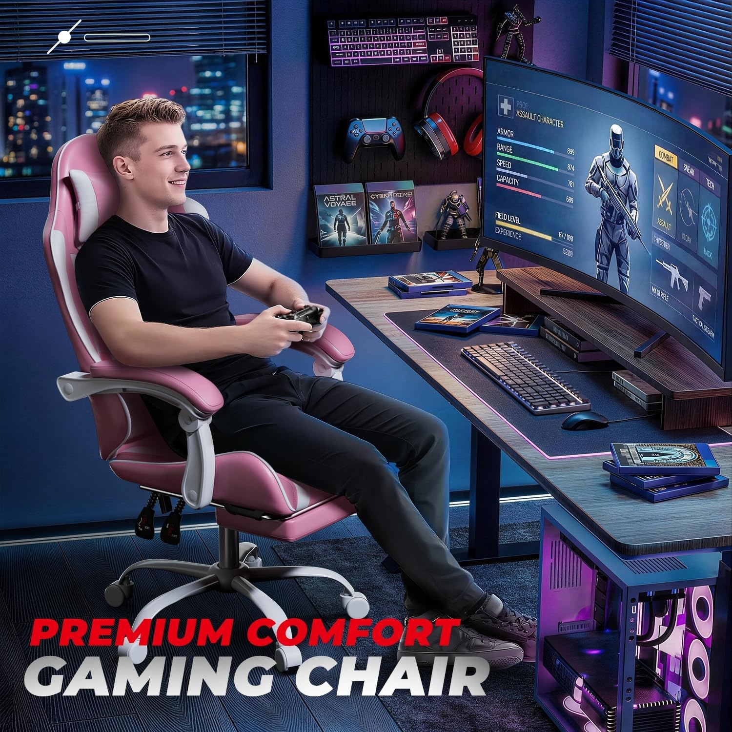 Auto Dynasty Ergonomic Gaming Chair, High-Back Office Chair w/Adjustable Lumbar Support, Linkage Armrest, Headrest & Footrest, 350LBS Recliner Swivel Computer Game Racing Chair, Pink/White
