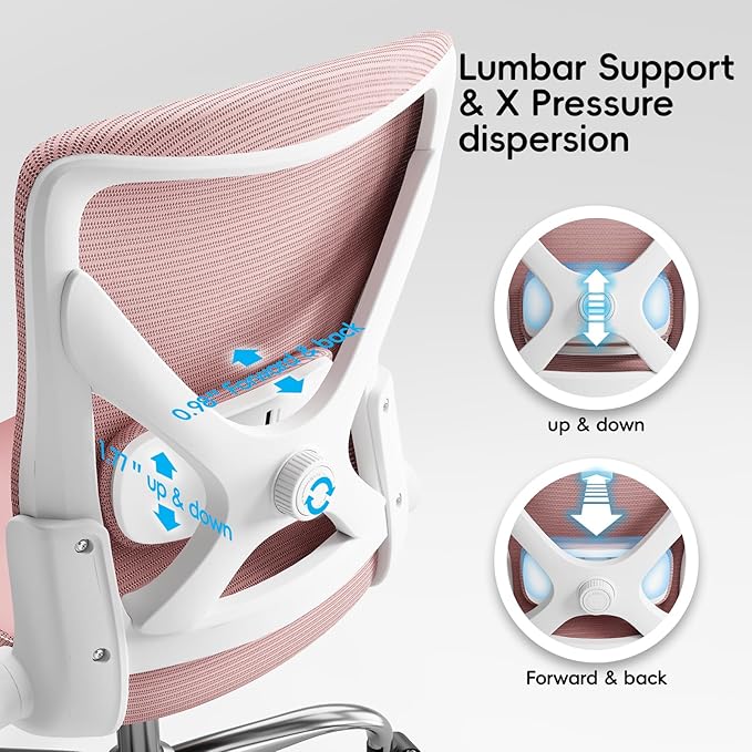 Ergonomic Office Chair-Computer PU Leather X-Shaped Desk Chair-Gaming Chair with Adjustable Flip-up Armrests Lumbar Support Mesh Executive Chair for Long Hours Office (Pink)