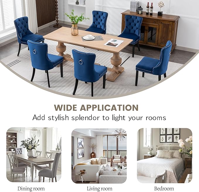 KCC Velvet Dining Chairs Set of 4, Upholstered High-end Tufted Dining Room Chair with Nailhead Back Ring Pull Trim Solid Wood Legs, Nikki Collection Modern Style for Kitchen, Blue