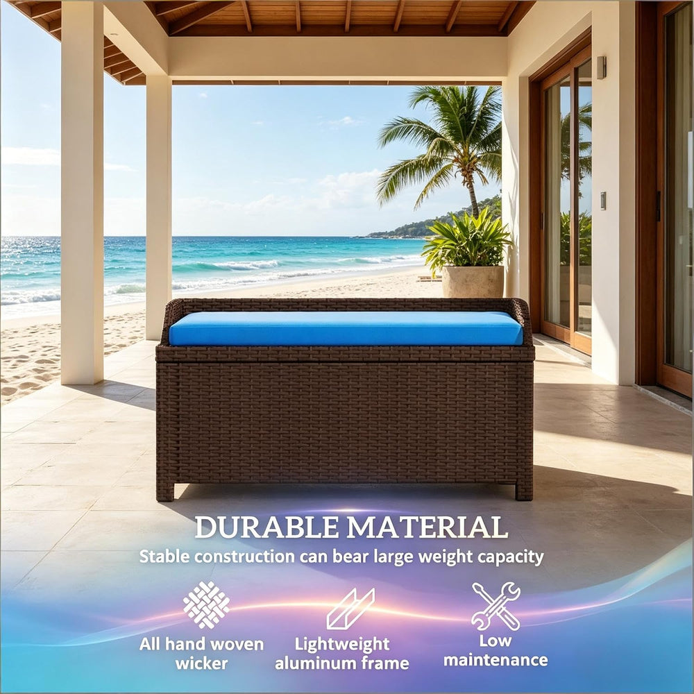 2-in-1 Outdoor Wicker Storage Bench with Cushion - 34 Gallon Patio Deck Box w...