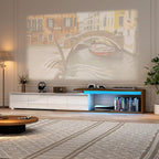 Extendable TV Stand with LED Light, Modern Entertainment Center for up to 120 Inch TV, Wood TV Media Console with 2 Drawers & 2 Cabinets for Living Room Bedroom, 75"-110", High Gloss White & Walnut